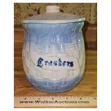 Vintage Brush MCCOY Blue & White Stoneware Basketweave Canister (Crackers) ~ 5x5x6.75" w/Lid in excellent vintage condition...