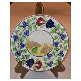 Vintage c 1900 ~ Stick Spatter Rabbitware 9.25" Rabbit Plate VIRGINIA ROSE w/blue flowers and transfer print of rabbits in a field & large green frog...