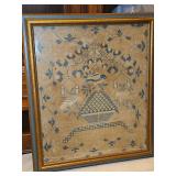 Vintage framed 18.5×21.5" sampler (the thread was the same color as the background, so it made it hard to make out what the information was) SEE PICS FOR MORE DETAILS...