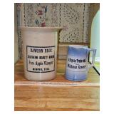 Two(2) vintage advertisement pouring pitchers...Stoneware crock & blue & white salt-glaze in very good vintage condition...