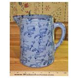 Unique Vintage Blue on Blue Spongeware Pottery 6.5" Tall Pitcher in very good vintage condition...