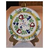 Vintage c 1900 ~ Stick Spatter Rabbitware 9.25" Rabbit Plate PERSIAN ROSE w/blue flowers and rabbits & green frogs on outer band...