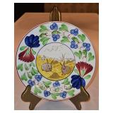 Vintage c 1900 ~ Stick Spatter Rabbitware 9.25" Rabbit Plate VIRGINIA ROSE w/blue flowers and transfer print of rabbits in a field...