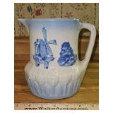 Vintage Early 1900s Brush McCoy Blue & White Salt Glaze Stoneware 7" Pitcher w/Windmill & Tree in excellent vintage condition...
