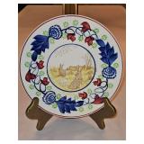 Vintage c 1900 ~ Stick Spatter Rabbitware 9.25" Rabbit Plate BULLSEYE PATTERN w/raspberry & green flowers and transfer print of rabbits in a field & UNPAINTED frog...