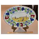 Vintage c 1900 ~ Stick Spatter Rabbitware 14.5 x 10.25" Rabbit Platter VIRGINIA ROSE w/blue flowers and transfer print of rabbits in a field & green frog...