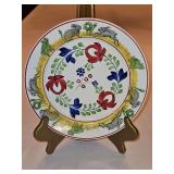 Vintage c 1900 ~ Stick Spatter Rabbitware 9.25" Rabbit Plate PERSIAN ROSE w/blue flowers and rabbits & green frogs on outer band...