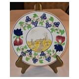 Vintage c 1900 ~ Stick Spatter Rabbitware 9.25" Rabbit Plate VIRGINIA ROSE w/blue flowers and transfer print of rabbits in a field & BABY RABBIT WHERE A GREEN FROG USUALLY IS...