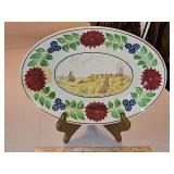 Vintage c 1900 ~ Stick Spatter Rabbitware 14.5 x 10.25" Rabbit Platter ADAMS ROSE w/blue flowers and transfer print of rabbits in a field & green frog w/hanger...
