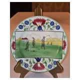 Vintage c 1900 ~ Stick Spatter Rabbitware 9.25" Rabbit Plate VIRGINIA ROSE w/red, blue, and yellow flowers and transfer print of rabbits playing golf...