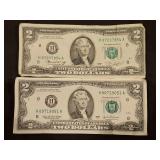 Two(2) Vintage Green Seal $2 Bills 1976 & 2003A in good condition...