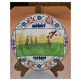 Vintage c 1900 ~ Stick Spatter Rabbitware 9.25" Rabbit Plate w/red and blue flowers and transfer print of rabbits playing croquet...
