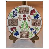 Vintage c 1900 ~ Stick Spatter Rabbitware 9.25" Rabbit Plate VIRGINIA ROSE w/red & blue flowers and four(4) brown transfer prints of rabbit life...