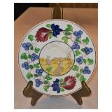 Vintage c 1900 ~ Stick Spatter Rabbitware 9.25" Rabbit Plate VIRGINIA ROSE w/blue flowers and transfer print of rabbits in a field & green frog...