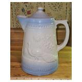 Very Unique Vintage Blue & White Salt Glaze Stoneware Pottery Coffee Pot w/Peacock in excellent vintage condition...