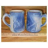 Pair of vintage 4.25" tall blue and white salt glaze stoneware flying bird mugs in very good vintage condition...
