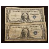 Two(2) Vintage Blue Seal $1 Silver Certificates 1957 & 1957B Series in good/fair condition...