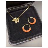 14KT Filigree Butterfly Necklace and Gold Hoop Earrings