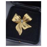 Gold CHRISTMAS Bow Brooch w/ Rhinestones