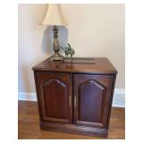 Mahogany and Brass Cabinet w/Two Shelves and Ventilation/Cable Slots and Decor