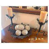 Wrought Iron Candle Holders and Matching Leaf Bowl with Egg Decor