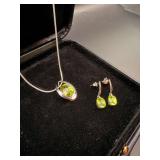 14KT Peridot Pendant, SS Chain and 14KT Earrings