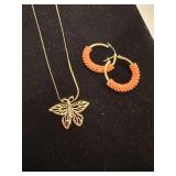 14KT Gold and Rose Gold Filigree Butterfly Necklace, 14KT Chain and Gold Coral Bead Hoop Earrings