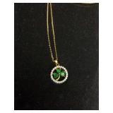 Great Gold Shamrock with Green and White Crystals Pendant Necklace