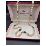 Vintage Princesse Cultured Pearls with Malachite Bead Necklace