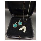 Napier Teal Silver Earrings and Feather Necklace