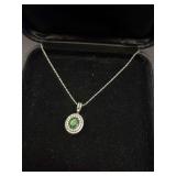 Vintage Emerald and Diamond Halo Pendant Necklace