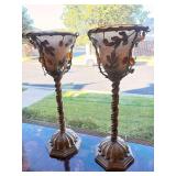 Tall Pair of Glass Bowl Lamps w/Twisted Metal Leaf Design