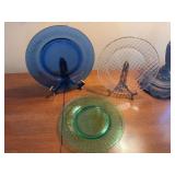 Vintage Pyrex Festiva Cobalt Blue Glass, Green Vaseline Glass Plates and Waffle Pressed Glass Plates