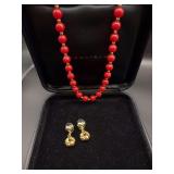 Red and Gold Monet Beaded Necklace and Gold Love Knot Earrings