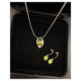 14KT Peridot Pendant, SS Chain and 14KT Earrings