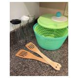 Salad Bowl, Tongs and Glass Dressing Containers
