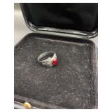 Mens Sterling Silver Etched Ring with Red Gem