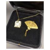 Unique 14KT Gold Mother of Pearl and Gold Fan Pendant