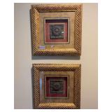 Pair of Framed Art with Metal Medallions and Red Matte in Shadow Box