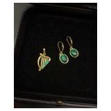 Gold Green Crystal Harp Pendant and Earrings