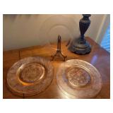 Macbeth-Evans Dogwood Pink Depression Glass Plates and a Pair of Matching Glass Flutes