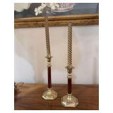 Vintage Wood and Brass Candlestick Holders