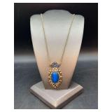 Stunning SHA Avon Gold Tone Art Deco Blue Cat’s Eye Pendant Necklace….approx. 26” long