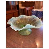 Vintage green opalescent Jefferson glass pedestal bowl…..8-3/4D x 4” tall