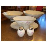 ROSENTHAL PARISIAN SPRING Accessory Pieces…..s/p shakers (lids show wear), gravy boat with attached tray (has chip), medium and small veggie bowls…..8-3/4D x 3-1/2 tall and 8 x 3