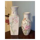 Pair of beautiful oriental influenced ceramic vases…..left is 10-1/4 tall and right is 8” tall…..both are Made in Japan
