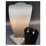 24” gold tone chain with exquisite gold tone over sterling aqua colored stone with matching lever-back earrings of the same quality