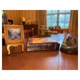 Grouping of Thomas Kinkade home decor and books…..easel and framed print stand 6” tall…..lighthouse lights up
