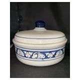 Vintage Dedham Potting Shed Rabbit Pattern Blue/White Pottery Lidded Casserole…..8”D x 6” tall to top of lid