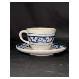 Vintage Dedham Potting Shed Rabbit Pattern Blue/White Pottery Cup/Saucer Set